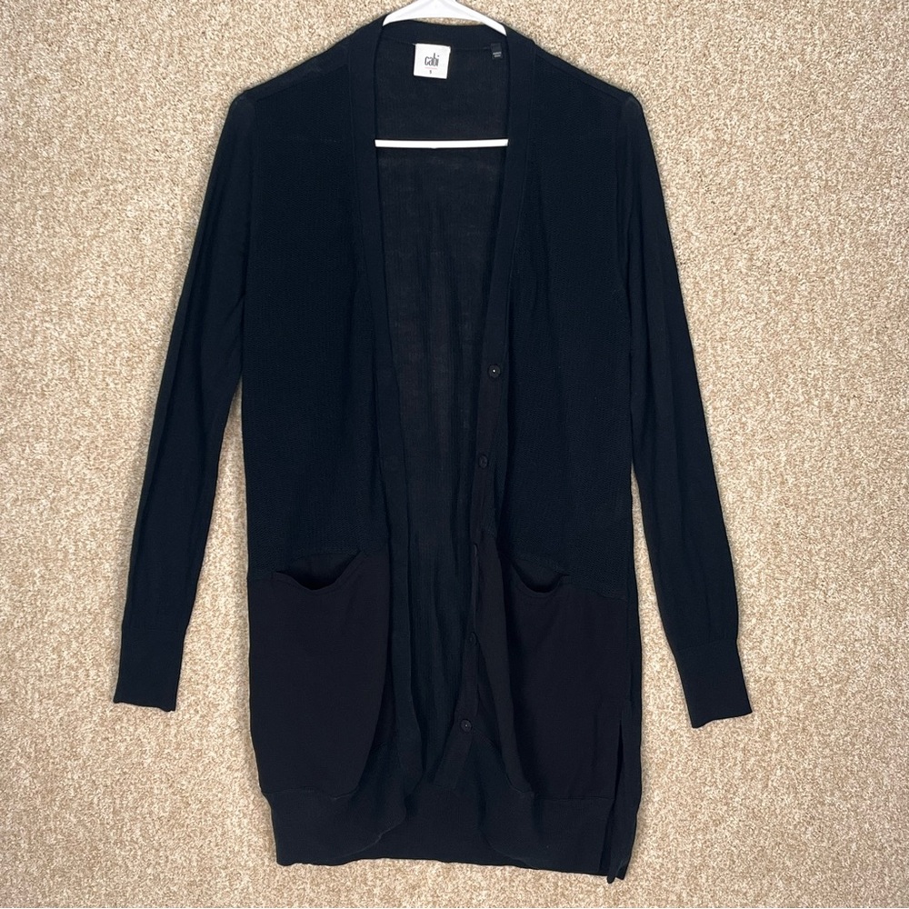 Imperfect CAbi cardigan small black neutral cotton blend snap buttons pockets
